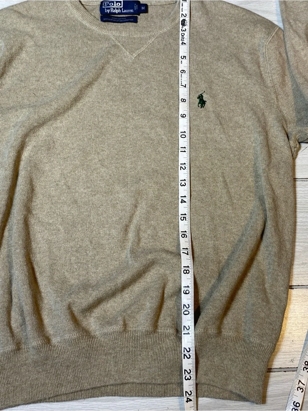 Polo Ralph Lauren M Crewneck Sweater Beige Tan 100% Cotton Green Knit